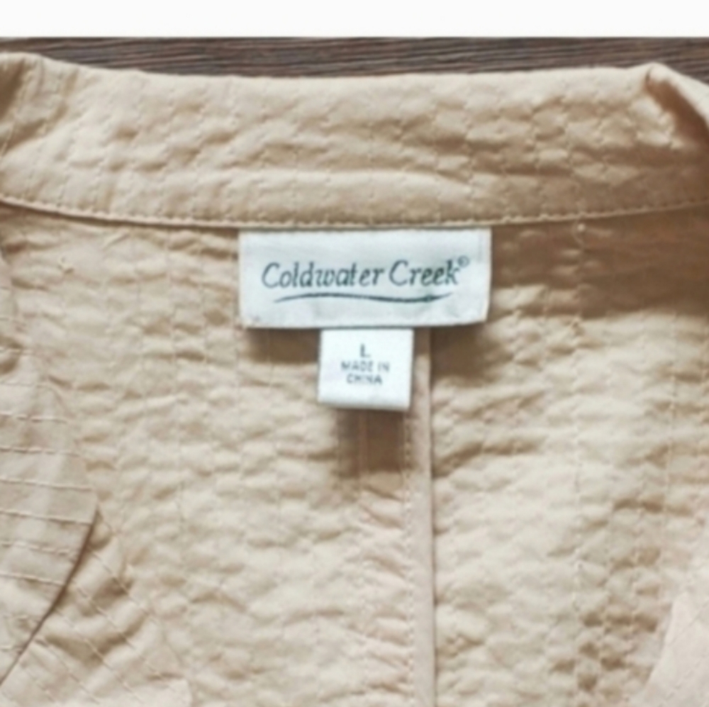 New Coldwater Creek Cotton Tan Eyelet Floral Stripe Brown Cream Coat Large - Picture 3 of 11